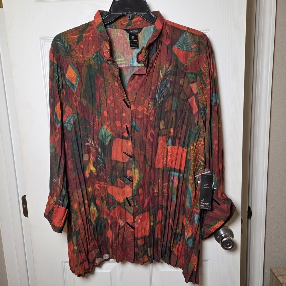 Ali Miles Tunic plus 3X Button Up 3/4 Slv Fall Artsy Boho Wearable Art Statement
